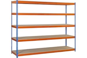 SIMON RACK SimonRack Estantería Metálica Almacenaje, Sin Tornillos, 5 Baldas Madera, Alta Capacidad Carga 400 kg, 2000x1800x750 mm, Estantería Taller Garaje Trastero, Azul/Naranja/Madera