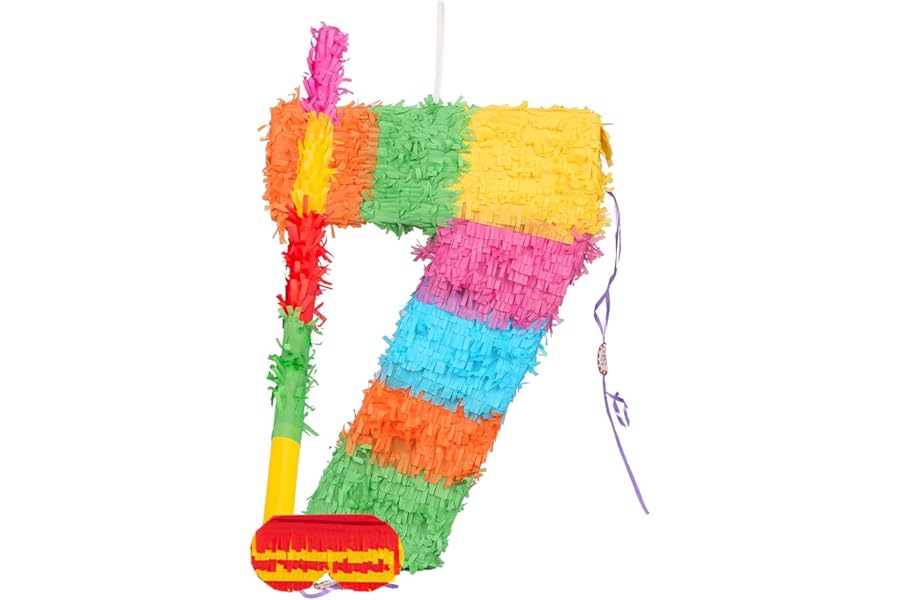 Fax Potato Number 7 Piñata, Blindfold & Stick Set - Multicoloured Fillable Birthday Party Decoration, Sweet Holder Game, Kids & Adults Celebration Supplies, Wedding, Anniversary, Carnival