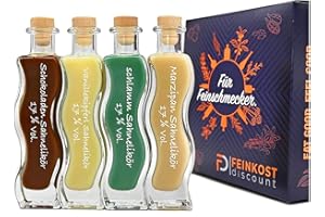 ‎FD FEINKOST DISCOUNT Geschenkset BOX | 4 x 100ml | Schokoladen Sahnelikör 17% vol. - Marzipan Sahnelikör 17% vol. - Schlamm Sahnelikör 17% vol. - Vanillekipferl Sahnelikör 17% vol.