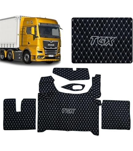 KRAM-TRUCK gewatteerde vloermatten Compatibel met MAN TGX vanaf 2021 automatisch, donkerbeige, synthetisch leer spons 1 cm, hygiënecertificaat, comforthoezen