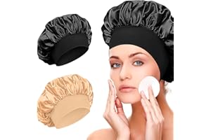 CHERIOLL Cuffia Seta Capelli Ricci, 2 Pezzi Cuffia Seta Cuffia da Notte Cuffie per Dormire Cappello da Notte per Donna Berretto da Notte Raso per Donna con Coulisse per Donne e Ragazze(Champagne/Noir)