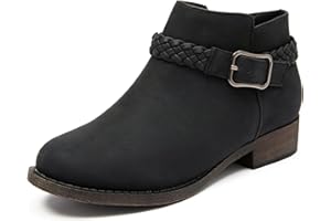 Ataiwee Bottines pour femmes - Fermeture éclair latérale classique avec sangle de boucle, bout rond plate-forme, talon bas et épais confortable à enfiler à la mode (noir/brun foncé/gris) bottes