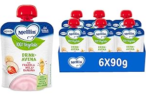 DANONE MELLIN Merenda 100% Vegetale, Pouch Avena, gusto Mela Fragola e Banana 90g, Senza Zuccheri Aggiunti - 6 Confezioni da 90g