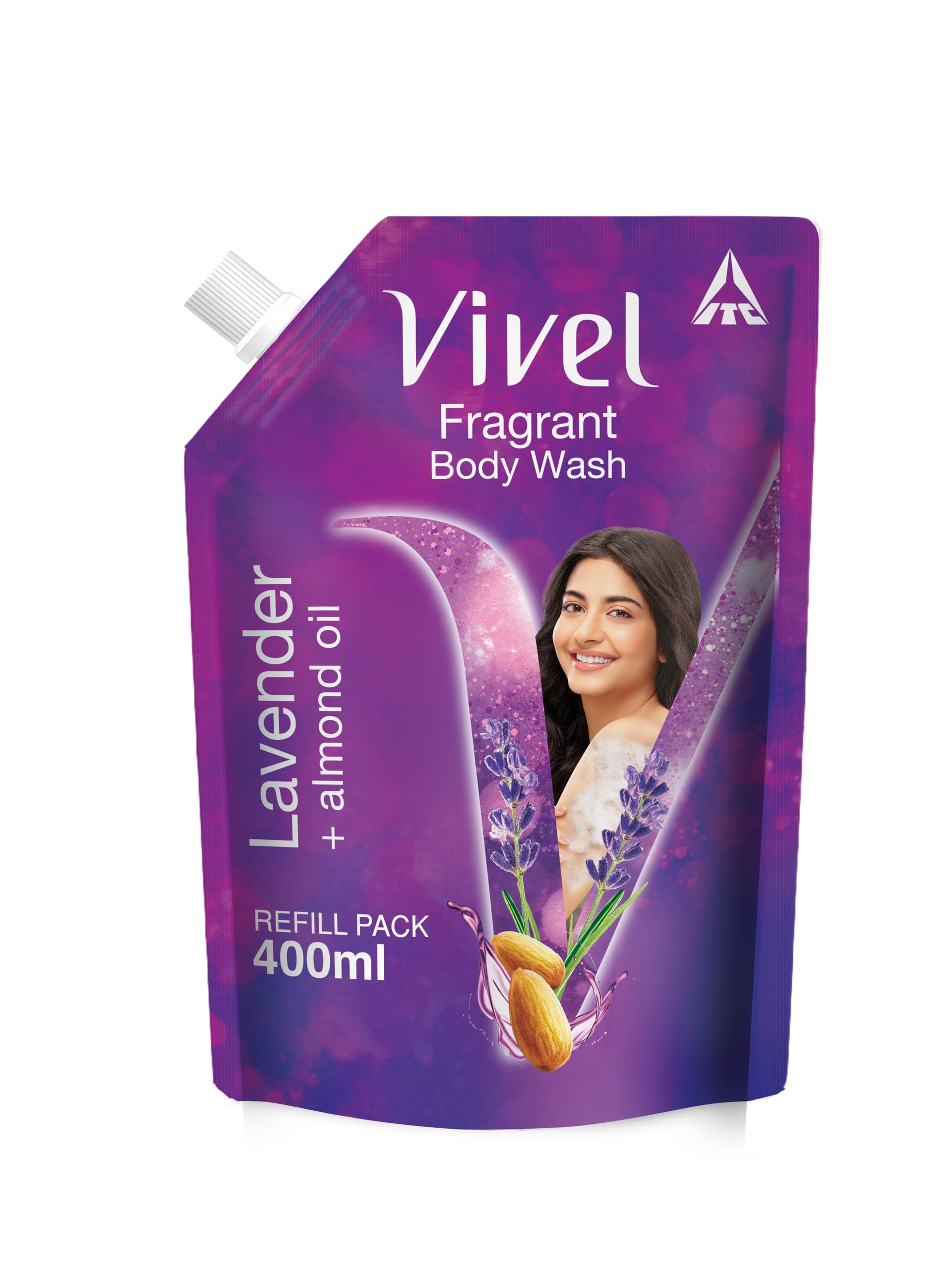 Vivel Exfoliating Body Wash, Lavender & Almond Oil Shower Gel Creme, 400 ml, Liquid Refill Pouch, for Glowing and Moisturised