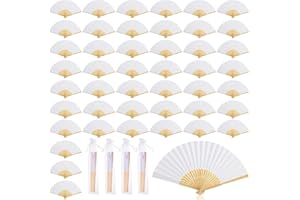 NAMALU 50 Piezas Abanicos Plegables de Mano con 50 Bolsas de Organza Abanicos de Bambú para Bodas Abanicos de Papel Vintage Blanco para Invitados Recuerdo de Fiesta Novias Regalos Bricolaje