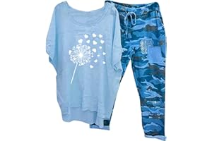 CHNNAMZU Ensemble Lin Femme été 2 Pièces Ensemble De VêTements Fluide Col Rond Imprimé T-Shirt Manches 3/4 + Pantalon Large Taille Haute D'IntéRieur Jogging Chic Grande Taille Casual Tenue De Sport