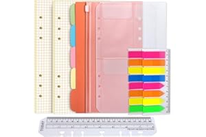 ‎FANDAMEI FANDAMEI A5 Papier Karierte Nachfüllpapier Set, 6 Löcher A5 Nachfüllbare Notizpapier 90 Blätter, 5 Stücke Farbige Trennblätter A5, 320 Stücke Haftnotizen Bunt, 2 Stücke Umschlägbeutel, 20CM Lineal