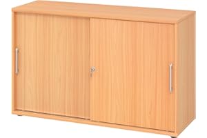 ‎BÜMÖ bümö Schiebetürenschrank 2OH - Aktenschrank abschließbar, Sideboard Schrank mit Schiebetüren in Buche - Büroschrank aus Holz mit Schiebetür, Büro Kommode für Ordner & Co.