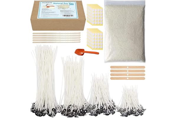 JEMESI Kit de Fabrication de Bougies, 200pcs Mèches de Bougie 4cm 10.5cm 15cm et 22 cm,1kg Cire de Soja, Supports de mèche, bâtonnets d'agitation et Cuillère,DIY Kit Bougies pour Débutants