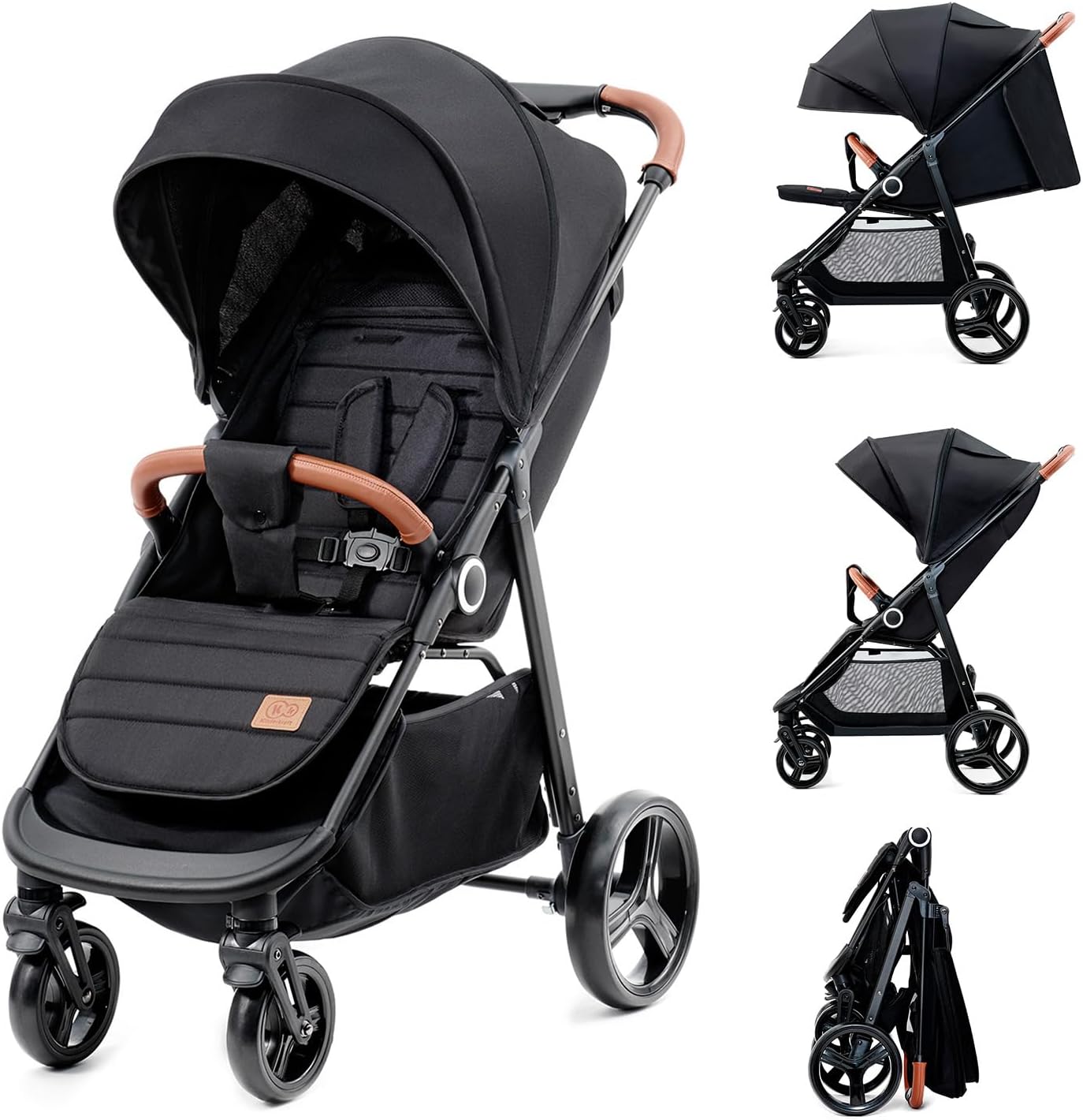 kk Kinderkraft GRANDE PLUS Silla de Paseo ligera desde Nacimiento hasta 22 kg, Plegado con una sola mano, Posición tumbada, Suspensión de todas ruedas, Capota grande XL, Negro