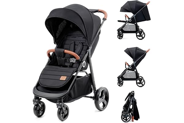 Kinderkraft GRANDE PLUS Poussette Canne dès la Naissance jusqu’à 22 kg, Pliage d'une seule main, Position allongée, Capote extensible, 4 Roues amorties, Noir