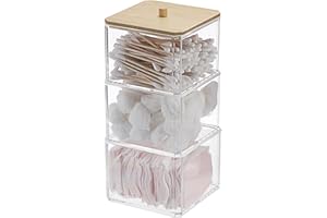 SUMTree Stackable Qtip Cotton Ball Holder 3 Layers Acrylic Qtip Dispenser with Bamboo Lid, Floss Swab Dispenser, Bathroom Storage Jar Canister, Plastic Apothecary Jar for Kitchen Bathroom