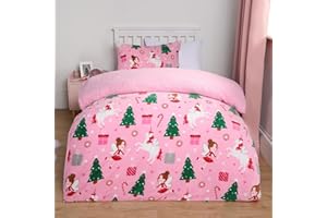 OHS Unicorn Girls Christmas Bedding, Teddy Fleece Christmas Duvet Set Fluffy Bedding with Pillowcase Single Duvet Cover Warm Soft Comfy Quilt Cover - Pink