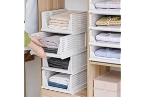 BOSSJOY Set of 4 Stackable Foldable Wardrobe Storage Box Organizer (Easy Open and Folding), Plastic White Wardrobe Shelves Closet Organiser Box, Pull Out Like a Drawer, Suitable for Home, Bedroom, Kitchen