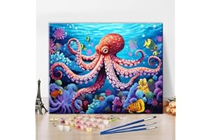 TISHIRON Octopus Paint by Number for Adults Ocean Sea Creature and Fish Coral Paint by Numbers for Beginner Kids Canvas for Painting Acrylic Pigment Art Crafts for Home Office 16"x20"(Frameless)