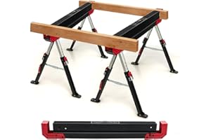 GYMAX Lot de 2 Tréteaux Pliable en Métal, Charge Max 1180kg, Hauteur Réglable 62-83cm, Chevalet de Sciage avec Bras Chevilles de Support de Bois (Rouge)