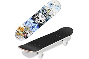 HIKOLE WeSkate Planche à roulettes pour Les débutants, 31 x 8’’ Complète Skateboard 7 Plis Double Kick Concave Planche de Skate Anti-Dérapant Roues PU pour Les Enfants Jeunes et Adultes (crâne)