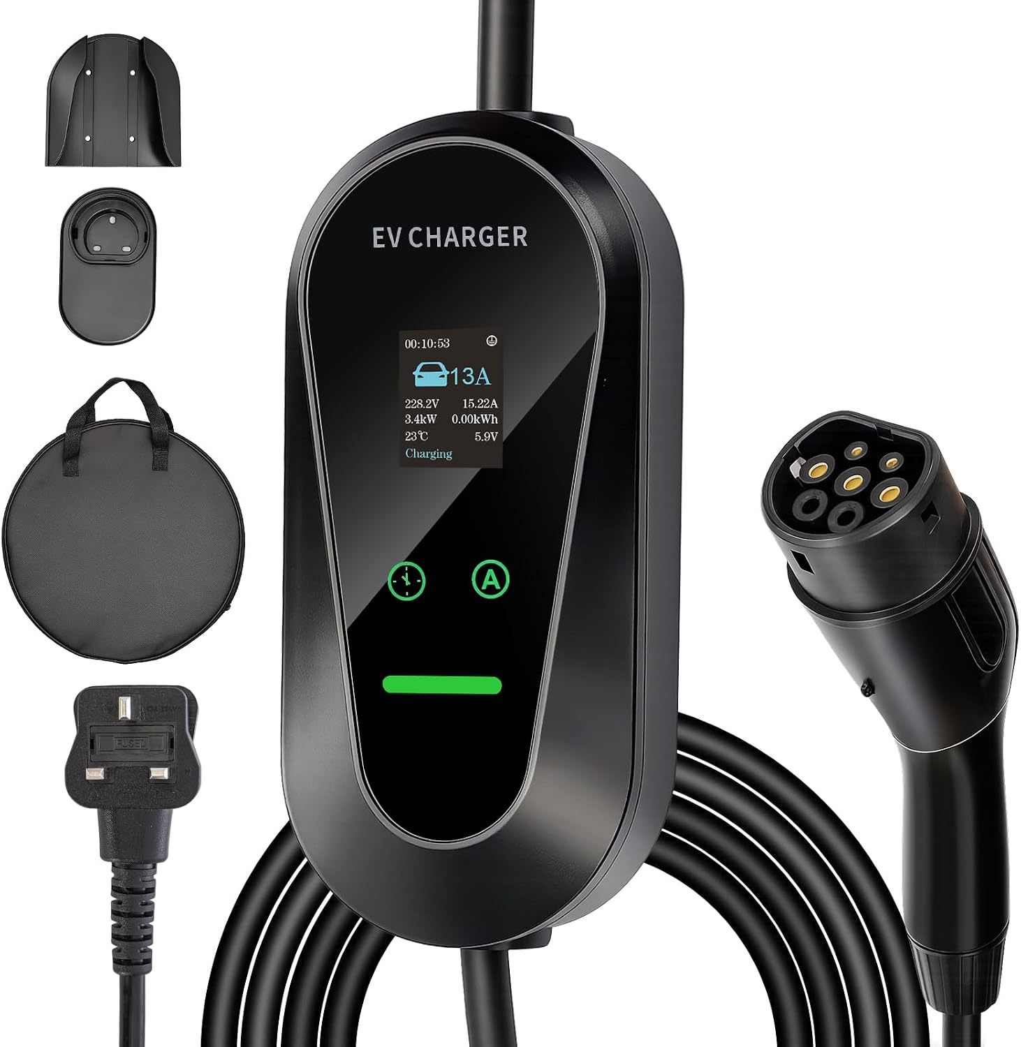 GROWNEER EV Charger 3 Pin Plug 20Ft/6.1M Type 2 Charging Cable 3kW, [6/8/10/13A] Electric Car granny Charger IP66 Advanced Protection car charging cable Suitable for EVs & PHEVs