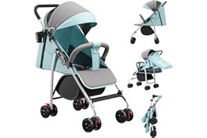 MUL-BOUTIQUE Poussette Canne,Poussette Canne Compacte 0-36kg,Poussette de Voyage avec Cotons et Moustiquaire,Panier D'achat avec Fonction Extensibler (2G-bleu clair, Pousser à la main)
