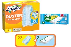 Swiffer Kit Recharge Plumeau et Balai, Inclus 23 Recharges Duster Plumeau et 3 Lingettes Humides Balais Swiffer, Attrape Et Retient 3 Fois Plus De Cheveux Et Poussière Qu’un Plumeau Ordinaire