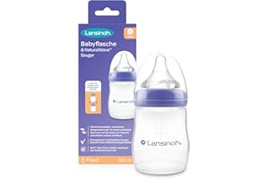 Lansinoh Biberon con tettarella NaturalWave, misura S, 160 ml, design compatto per una maggiore stabilità, con coperchio impilabile