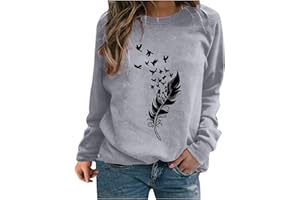KKPW Sweat - Shirt Femmes Capless Chic Plume imprimé Sweat - Shirt, Haut à Manches Longues pour Les Femmes, Femmes Chic élégant col Rond Sweat - Shirt Femmes, Plus Size Womens Tops
