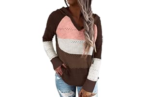 Uusollecy Damski sweter z dzianiny z dekoltem w kształcie litery V, bluza w paski, bluza z kapturem, sweter na jesień, topy