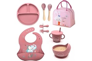 EZIO'S SPARKLE 10-Piece Baby Weaning Set with Insulated Lunch Bag – BPA-Free Silicone Strong Suction Divided Plate, Bowl, Spoon, Fork, Bib w/Catcher–Microwave & Dishwasher Safe Baby Feeding Set-Baby Gifts - Pink