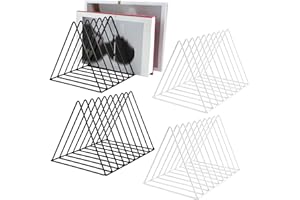 MOAMUN 4PCS Magazine Rack, Triangle Vinyl Record Holder Storage, 9 Slot Magazine File Holder Book Organiser, Metal Magazine Holder Desktop Bookshelf Book Organiser for Home Office(2 Black 2 White)