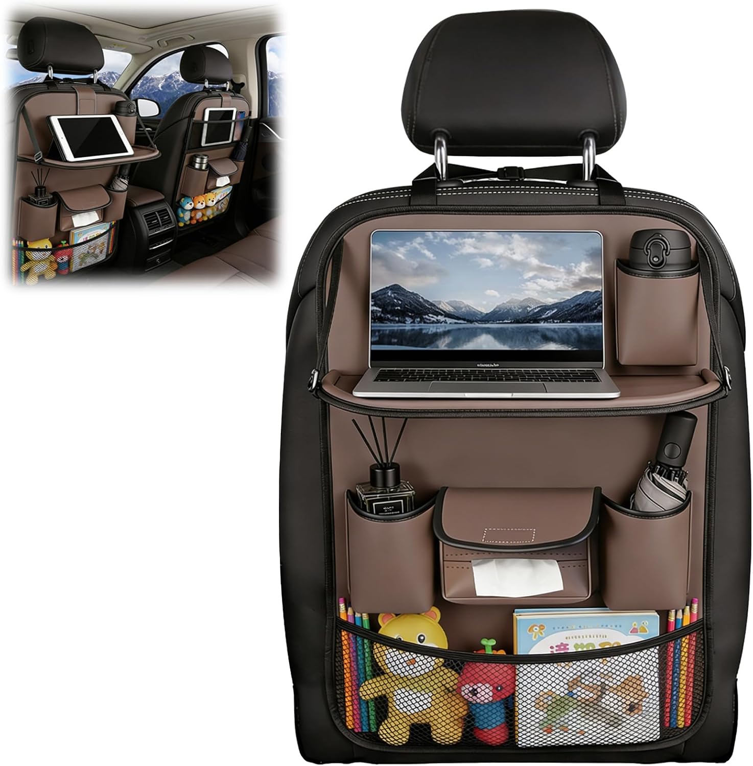 Les-Theresa Car Seat Organiser, Car Organiser Back Seat with Foldable Dining Table and Many Pockets Car Seat Back Protector, Car Backseat Tray for Toys Snacks Travel Essentials (Coffee Brown)