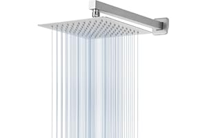 Voolan All Metal Shower Head with Extension Arm, Stainless Steel Waterfall Rainfall, High Flow Bathroom Square Rain (10'' Head with 16'' Arm, Chrome)