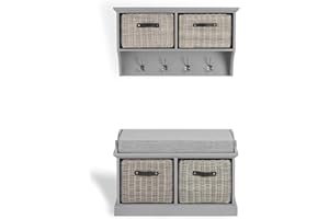 TETBURY FURNITURE Tetbury grey bench and hanging shelf with wipe clean baskets and leather handles. FULLY ASSEMBLED