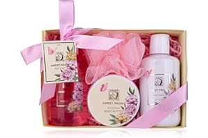 Accentra - Set de regalo SWEET PEONY en una bonita caja - Set de 4 piezas con gel de ducha, loción corporal, manteca corporal y esponja de red - para el Día de San Valentín y el Día de la Madre