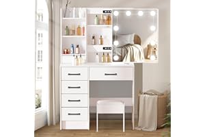 Aovquof - Moderno tavolo da toeletta con illuminazione a LED in stile Hollywood, con specchio illuminato e sgabello, con 6 cassetti e 3 scomparti aperti, colore bianco, ideale in camera da letto
