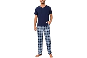 Bresdk Pijama Hombre Invierno Algodón Conjunto de Pijamas Manga Corta Tops con Largos Pantalones a Cuadros Ropa de Dormir con Bolsillos y Cordón S-3XL