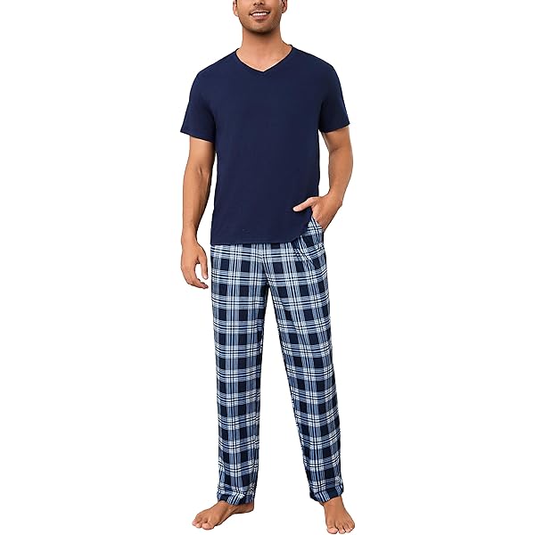 Marvmys Pyjama's voor heren, katoen, tweedelig, V-hals, korte mouwen en