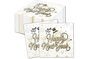 HOWAF 40 Stück Servietten Silvester Deko 2026, Happy New Year Servietten Neujahr Papierservietten Tissue Silvester Tischdeko für Neujahrsdeko, 33x33 cm, Weißgold