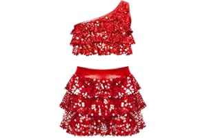 Freebily Vestito da Ballo Bambina Latino Americano Monospalla Abito da Ballo Tango Paillettes Crop Top Canotta + Gonna di Danza Classica Culottes Vestito da Pattinaggio Jazz