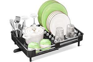 SAYZH Egouttoir Vaisselle, Extensible (33,5 CM-50 CM) Égouttoir à Vaisselle en Acier Inoxydable avec Porte-ustensiles Porte-gobelets pour Comptoir de Cuisine (Noir)