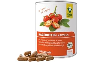 ‎RAAB VITALFOOD Raab Vitalfood Bio Hagebutten-Kapseln, 150 Stück, ohne Zusätze, vegan, hochdosiert, mit Vitamin C für normale Knorpel- und Kollagenbildung, 129 g