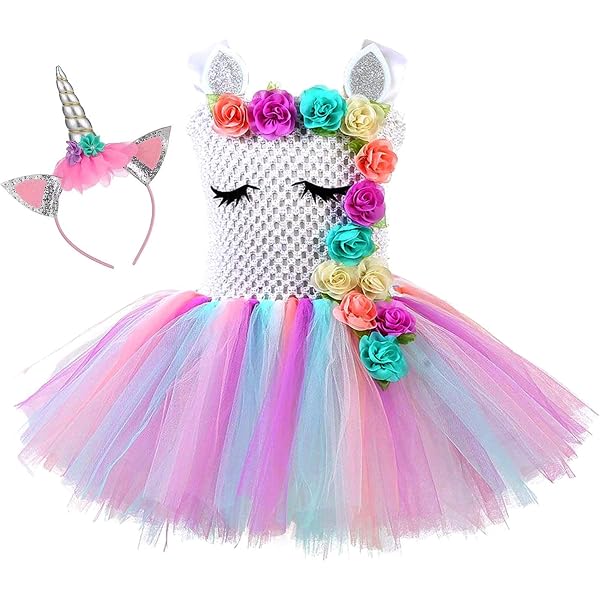 NET TOYS Einhorn-Kostüm Für Kinder – Regenbogenkleid Größe 116 (4-5 Jahre), Inkl. Haarreif, Aus Polyester