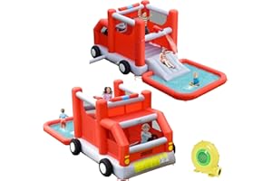 GOPLUS Aufblasbare Hüpfburg Feuerwehrauto, Kabine, Sprungbett, Rutsche, Pool, Oxford-Stoff, Sicherheitsnetze, Tragetasche, für 3-4 Kinder bis 135kg, für Einkaufszentrum, Park & Haus (Mit 450W Gebläse)