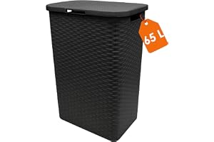 Plasttvättkorg antracit med lock i rottingutseende – 65 liter – tvättkorg i flätad look med sidohandtag – tvättuppsamlingsbox