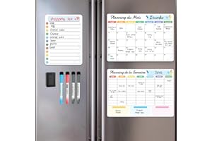 ANLIOTE Calendrier Magnétique pour Frigo, Effaçable à Sec, 3 Plannings Mensuel, Hebdomadaire et Quotidien à Coller sur le Réfrigérateur, Liste de Courses, Tableau Blanc Aimanté, 4 Marqueurs et 1 Gomme