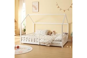[en.casa] Letto per Cameretta Lettino a Forma di Casetta con Sbarre Letto Piazza e Mezza per Bambini Struttura in Legno di Pino 120 x 200 cm Bianco