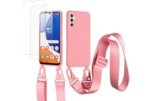 vrupin kompatibel mit Samsung Galaxy A14 5G Handykette Hülle,[2 Stück Schutzfolie 9H Härte Gehärtete Folie].Necklace Hülle Nylon Schultergurt Weich Flüssiges Silikon-dunkel pink
