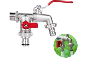CIMVIDI Grifo de Jardín, 1/2 Pulgada Latón Resistente al Óxido y Las Heladas Grifo de Doble Salida,Grifo Exterior Para Sistema de Riego y Barril de Lluvia de Jardín