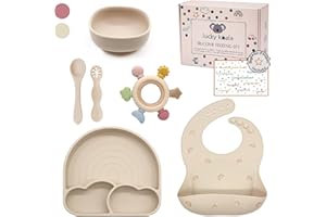 Lucky Koala® Set Pappa Svezzamento per Bambini in Silicone l Ciotola e Piatto con Ventosa, Bavaglino, Cucchiai, Giochi Dentizione per Neonato I Grado Alimentare I Confezione Regalo l Senza BPA