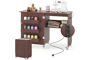 RELAX4LIFE Table de Couture Pliante avec Station de Charge, 2 Prises-Port USB-Type C, 3 Compartiments, 5 roulettes, Meuble Machine à Coudre pour Aiguilles, Fils et Ciseaux (Noyer)
