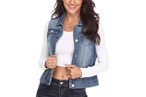 MISS MOLY Veste en Jeans pour Femme sans Manches Court Manteaux Veste en Jean avec Poches Décoratives Lavés